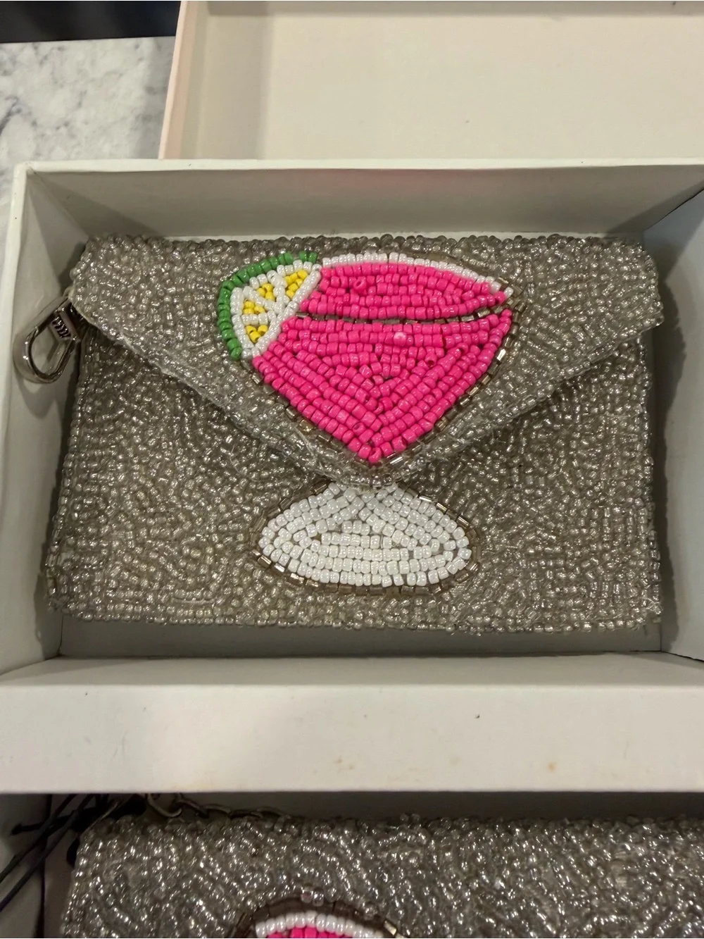 Rachel Zoe Silver Beaded Clutch, Card Case & Charm with Pink Cocktail Motif